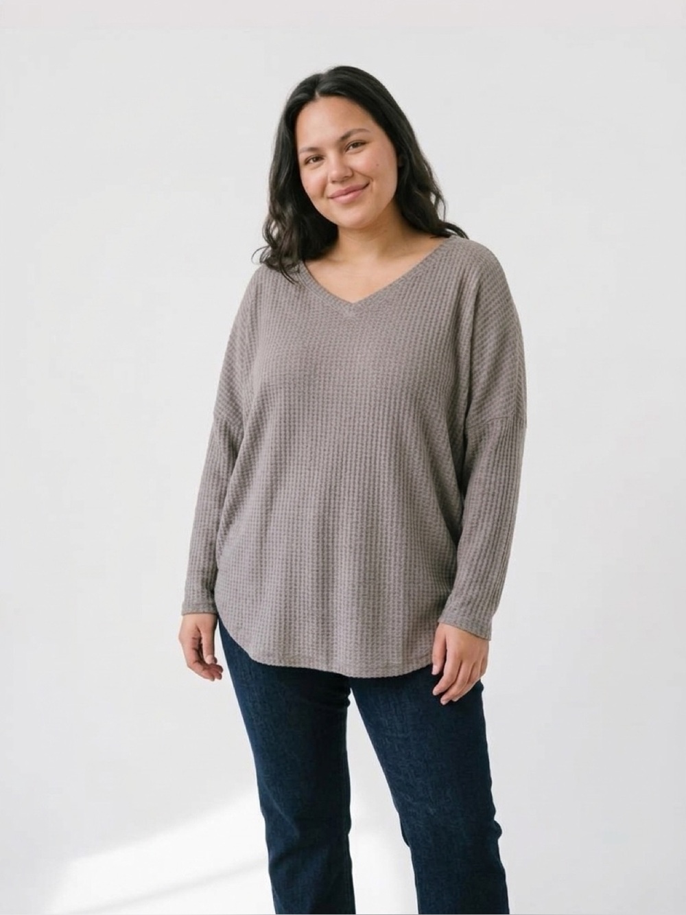 IGENIUN Taupe Waffle Knit V-Neck Long Sleeve Oversized Top Women's L Layering